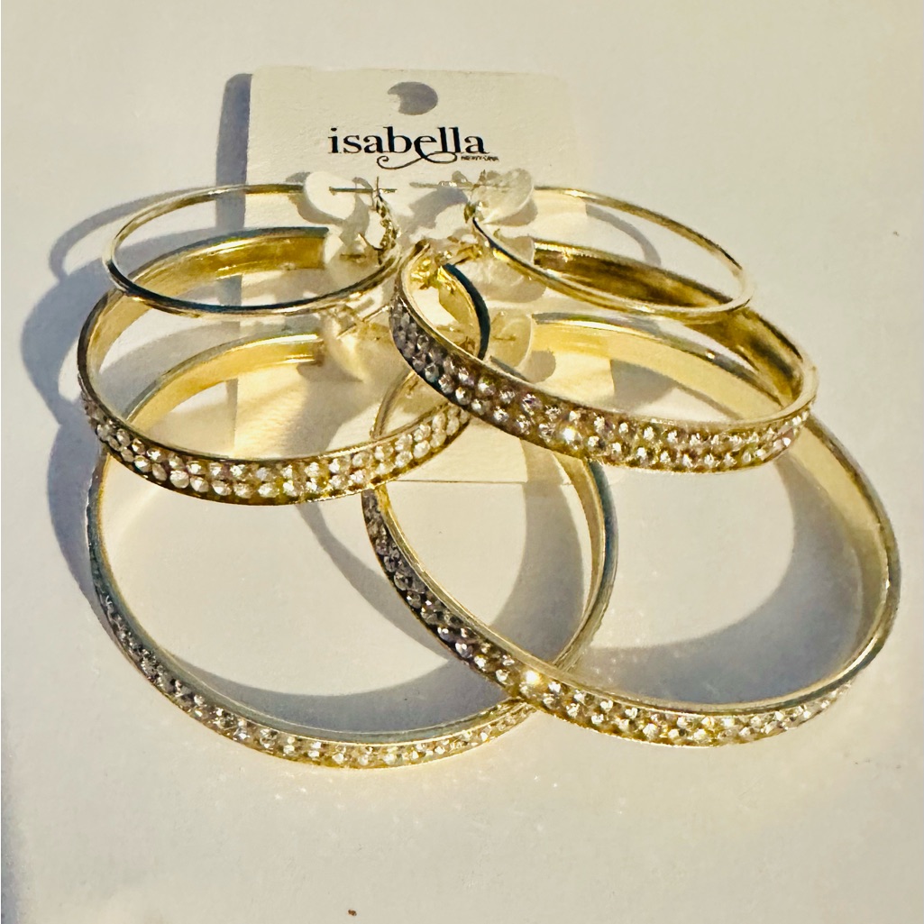 Isabell Gold Tone Set 3 Hoop Elegant Earrings W/Rhinestones Sm W/O Rhinestone